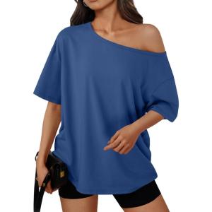 Trendy Queen Womens Off The Shoulder Tops Oversized T-Shirts Short Sleeve Tees Summer 2025 Casual Spring Fashion Clothes(Blue)