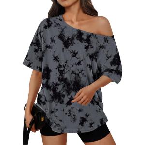 Trendy Queen Womens Off The Shoulder Tops Oversized T-Shirts Short Sleeve Tees Summer 2025 Casual Spring Fashion Clothes(Camodarkgrey)