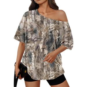 Trendy Queen Womens Off The Shoulder Tops Oversized T-Shirts Short Sleeve Tees Summer 2025 Casual Spring Fashion Clothes(Camokhakigrey)