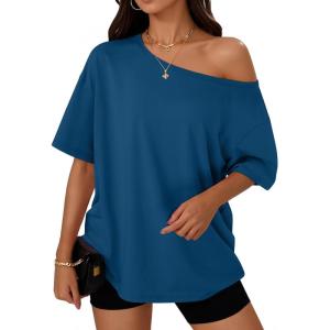Trendy Queen Womens Off The Shoulder Tops Oversized T-Shirts Short Sleeve Tees Summer 2025 Casual Spring Fashion Clothes(Darkblue)