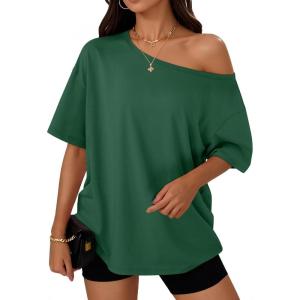 Trendy Queen Womens Off The Shoulder Tops Oversized T-Shirts Short Sleeve Tees Summer 2025 Casual Spring Fashion Clothes(Darkgreen)