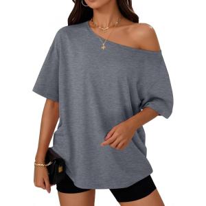 Trendy Queen Womens Off The Shoulder Tops Oversized T-Shirts Short Sleeve Tees Summer 2025 Casual Spring Fashion Clothes(Darkgrey)
