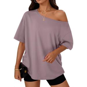Trendy Queen Womens Off The Shoulder Tops Oversized T-Shirts Short Sleeve Tees Summer 2025 Casual Spring Fashion Clothes(Darkpink)