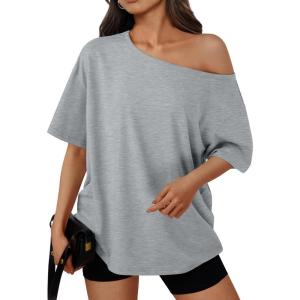 Trendy Queen Womens Off The Shoulder Tops Oversized T-Shirts Short Sleeve Tees Summer 2025 Casual Spring Fashion Clothes(Grey)