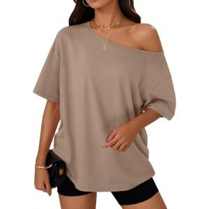 Trendy Queen Womens Off The Shoulder Tops Oversized T-Shirts Short Sleeve Tees Summer 2025 Casual Spring Fashion Clothes(Khaki)