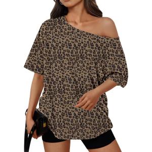 Trendy Queen Womens Off The Shoulder Tops Oversized T-Shirts Short Sleeve Tees Summer 2025 Casual Spring Fashion Clothes(Leopardprint)