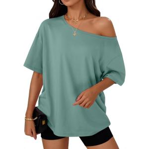 Trendy Queen Womens Off The Shoulder Tops Oversized T-Shirts Short Sleeve Tees Summer 2025 Casual Spring Fashion Clothes(Lightgreen)