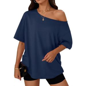 Trendy Queen Womens Off The Shoulder Tops Oversized T-Shirts Short Sleeve Tees Summer 2025 Casual Spring Fashion Clothes(Navy)