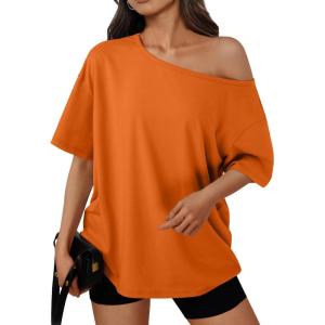 Trendy Queen Womens Off The Shoulder Tops Oversized T-Shirts Short Sleeve Tees Summer 2025 Casual Spring Fashion Clothes(Orange)