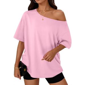 Trendy Queen Womens Off The Shoulder Tops Oversized T-Shirts Short Sleeve Tees Summer 2025 Casual Spring Fashion Clothes(Pink)