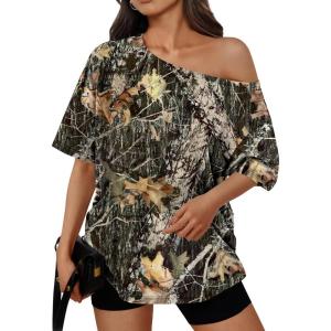 Trendy Queen Womens Off The Shoulder Tops Oversized T-Shirts Short Sleeve Tees Summer 2025 Casual Spring Fashion Clothes(Printeddarkgreen)