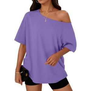 Trendy Queen Womens Off The Shoulder Tops Oversized T-Shirts Short Sleeve Tees Summer 2025 Casual Spring Fashion Clothes(Purple)