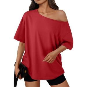 Trendy Queen Womens Off The Shoulder Tops Oversized T-Shirts Short Sleeve Tees Summer 2025 Casual Spring Fashion Clothes(Red)