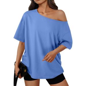 Trendy Queen Womens Off The Shoulder Tops Oversized T-Shirts Short Sleeve Tees Summer 2025 Casual Spring Fashion Clothes(Skyblue)