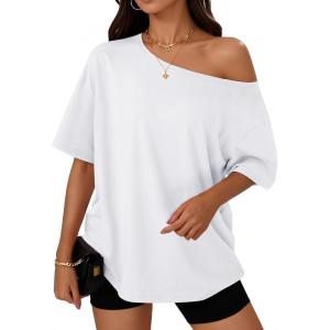 Trendy Queen Womens Off The Shoulder Tops Oversized T-Shirts Short Sleeve Tees Summer 2025 Casual Spring Fashion Clothes(White)