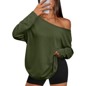Trendy Queen Womens Off The Shoulder Tops Oversized Tshirts Long Sleeve 2025 Casual Basic Tees(Armygreen)