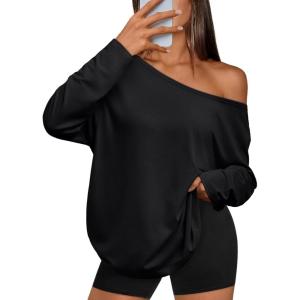 Trendy Queen Womens Off The Shoulder Tops Oversized Tshirts Long Sleeve 2025 Casual Basic Tees(Black)