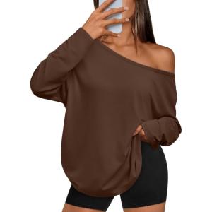 Trendy Queen Womens Off The Shoulder Tops Oversized Tshirts Long Sleeve 2025 Casual Basic Tees(Coffee)