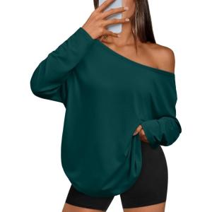 Trendy Queen Womens Off The Shoulder Tops Oversized Tshirts Long Sleeve 2025 Casual Basic Tees(Dark Green)