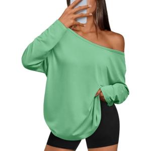 Trendy Queen Womens Off The Shoulder Tops Oversized Tshirts Long Sleeve 2025 Casual Basic Tees(Green)