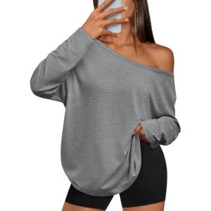 Trendy Queen Womens Off The Shoulder Tops Oversized Tshirts Long Sleeve 2025 Casual Basic Tees(Grey)