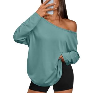 Trendy Queen Womens Off The Shoulder Tops Oversized Tshirts Long Sleeve 2025 Casual Basic Tees(Grey Green)