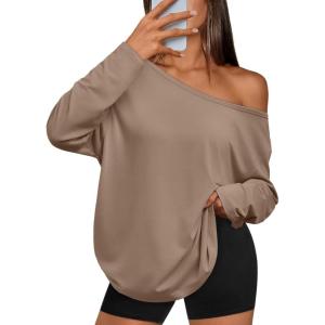 Trendy Queen Womens Off The Shoulder Tops Oversized Tshirts Long Sleeve 2025 Casual Basic Tees(Khaki)
