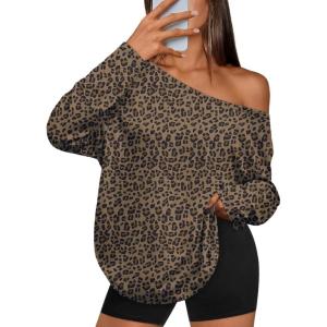 Trendy Queen Womens Off The Shoulder Tops Oversized Tshirts Long Sleeve 2025 Casual Basic Tees(Leopard)