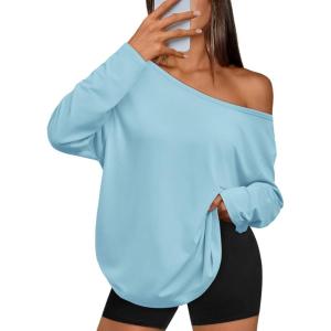 Trendy Queen Womens Off The Shoulder Tops Oversized Tshirts Long Sleeve 2025 Casual Basic Tees(Light Blue)