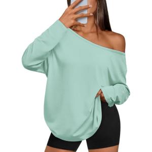 Trendy Queen Womens Off The Shoulder Tops Oversized Tshirts Long Sleeve 2025 Casual Basic Tees(Mint Green)