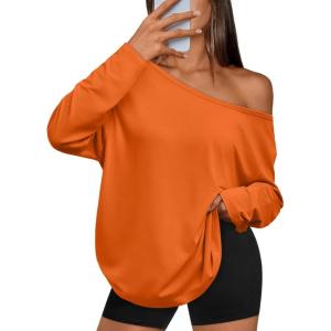 Trendy Queen Womens Off The Shoulder Tops Oversized Tshirts Long Sleeve 2025 Casual Basic Tees(Orange)