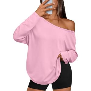Trendy Queen Womens Off The Shoulder Tops Oversized Tshirts Long Sleeve 2025 Casual Basic Tees(Pink)