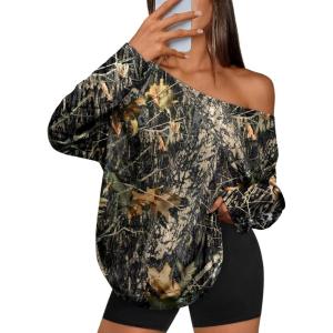 Trendy Queen Womens Off The Shoulder Tops Oversized Tshirts Long Sleeve 2025 Casual Basic Tees(Printed Green)