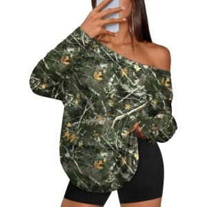Trendy Queen Womens Off The Shoulder Tops Oversized Tshirts Long Sleeve 2025 Casual Basic Tees(Printed2)