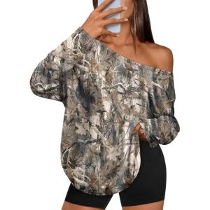 Trendy Queen Womens Off The Shoulder Tops Oversized Tshirts Long Sleeve 2025 Casual Basic Tees(Printed3)