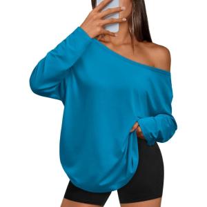 Trendy Queen Womens Off The Shoulder Tops Oversized Tshirts Long Sleeve 2025 Casual Basic Tees(Royal Blue)
