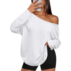 Trendy Queen Womens Off The Shoulder Tops Oversized Tshirts Long Sleeve 2025 Casual Basic Tees(White)