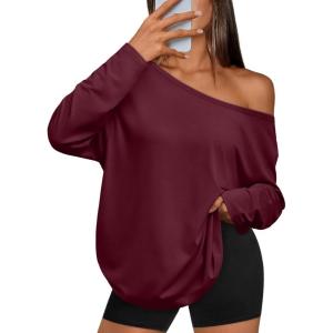Trendy Queen Womens Off The Shoulder Tops Oversized Tshirts Long Sleeve 2025 Casual Basic Tees(Winered)