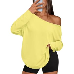 Trendy Queen Womens Off The Shoulder Tops Oversized Tshirts Long Sleeve 2025 Casual Basic Tees(Yellow)