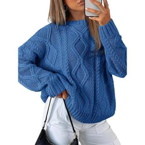 Trendy Queen Women’s Oversized Cable Knit Crewneck Sweaters(Azure Blue)