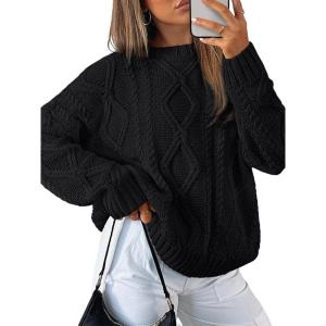 Trendy Queen Women’s Oversized Cable Knit Crewneck Sweaters(Black)