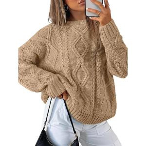 Trendy Queen Women’s Oversized Cable Knit Crewneck Sweaters(Camel)