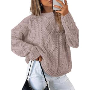 Trendy Queen Women’s Oversized Cable Knit Crewneck Sweaters(Light Mauve)