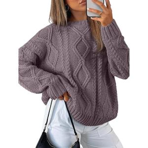 Trendy Queen Women’s Oversized Cable Knit Crewneck Sweaters(Mauve Taupe)