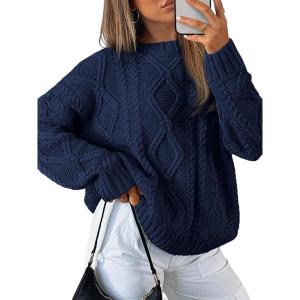 Trendy Queen Women’s Oversized Cable Knit Crewneck Sweaters(Navy Blue)