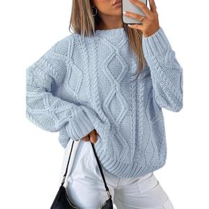 Trendy Queen Women’s Oversized Cable Knit Crewneck Sweaters(Pastel Blue)