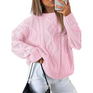 Trendy Queen Women’s Oversized Cable Knit Crewneck Sweaters(Pastel Pink)