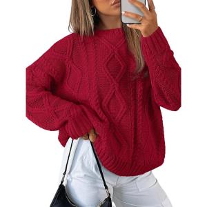 Trendy Queen Women’s Oversized Cable Knit Crewneck Sweaters(Red)
