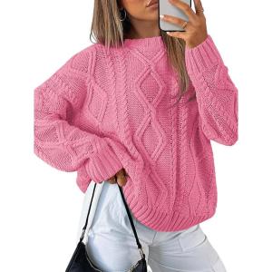 Trendy Queen Women’s Oversized Cable Knit Crewneck Sweaters(Rose Pink)