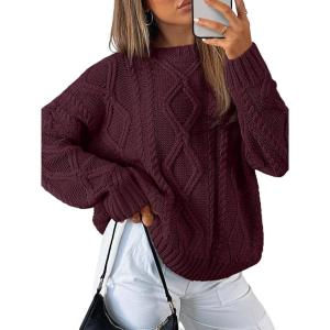 Trendy Queen Women’s Oversized Cable Knit Crewneck Sweaters(Wine Red)